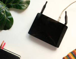 Internet modem with a notebook and plant