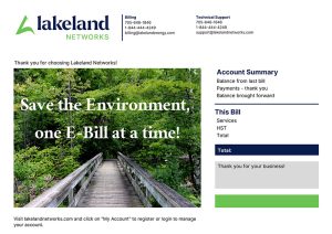 A Lakeland Networks electronic bill with the text "Save the Environment, one E-Bill at a time!"