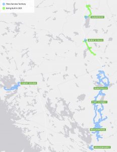 Map showing current and pending coverage of Lakeland Network's fibre internet, including Gravenhurst, Bracebridge, Huntsville, Burk's Falls, Sundridge and Parry Sound