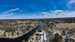 Aerial view of Beaumont Drive and the Muskoka River in Bracebridge
