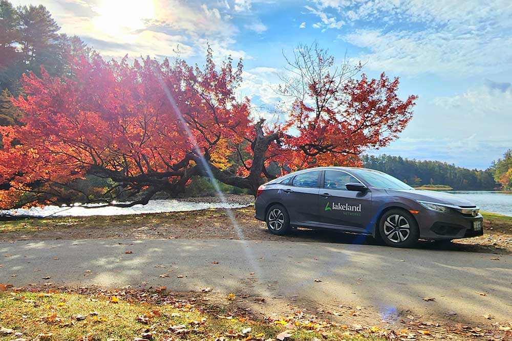 A grey Honda car with the Lakeland Networks logo on it is parked in front of a vibrant red maple tree by the Muskoka River in Port Sydney, Ontario