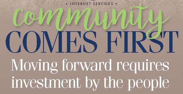 Title from Dockside Magazine's July 2022 article that reads "Community Comes First" in green and blue text, and "Moving forward requires investment by the people" in white text on a beige background.