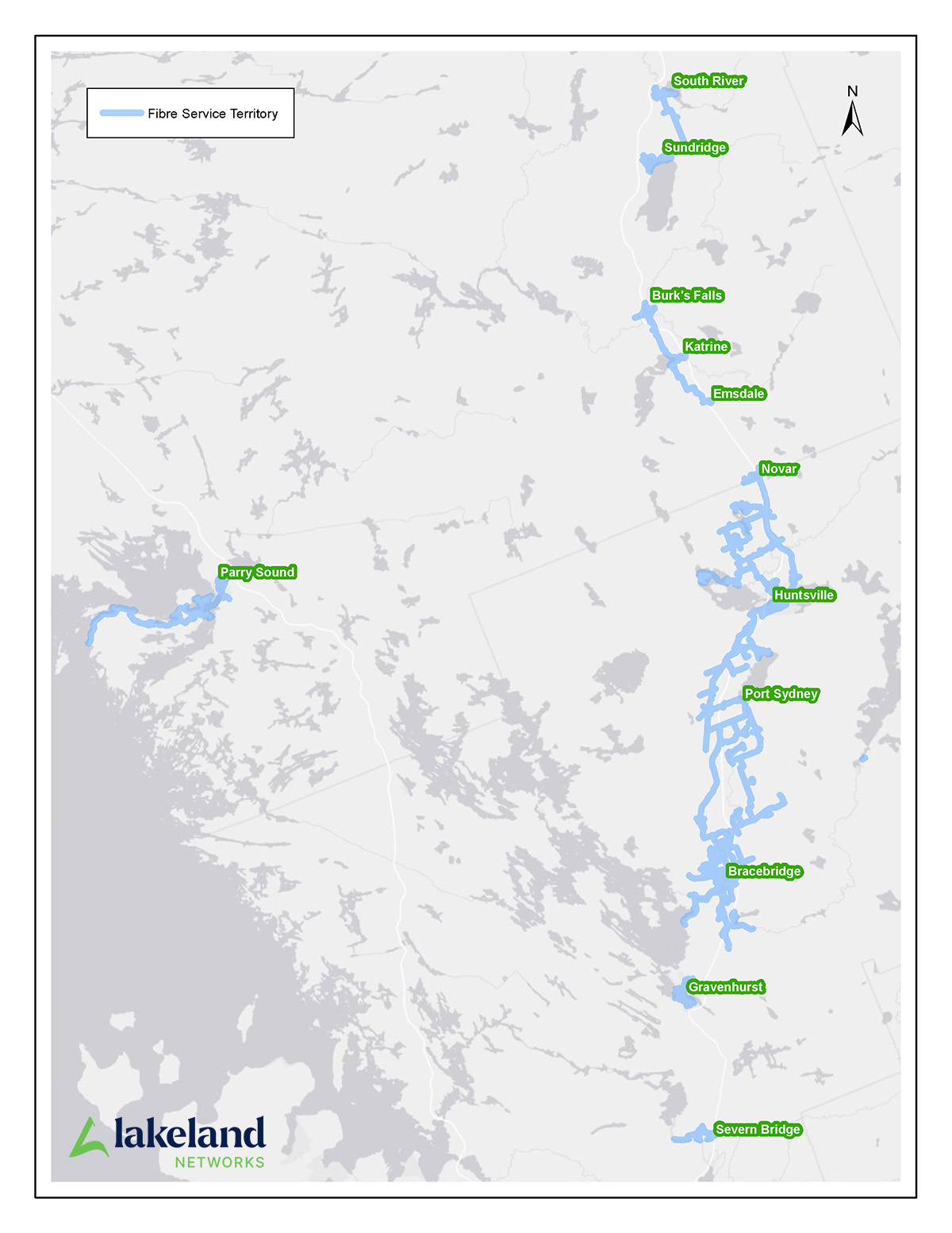 Map showing Lakeland Networks' fibre internet service area in Muskoka, Parry Sound and Almaguin.