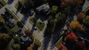Drone image of Muskoka neighbourhood in the fall