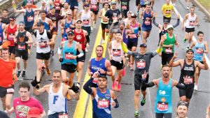 A group shot of runners in the 2023 Boston Marathon