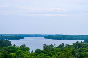 A view of a Muskoka lake from a high point, with green trees in the foreground