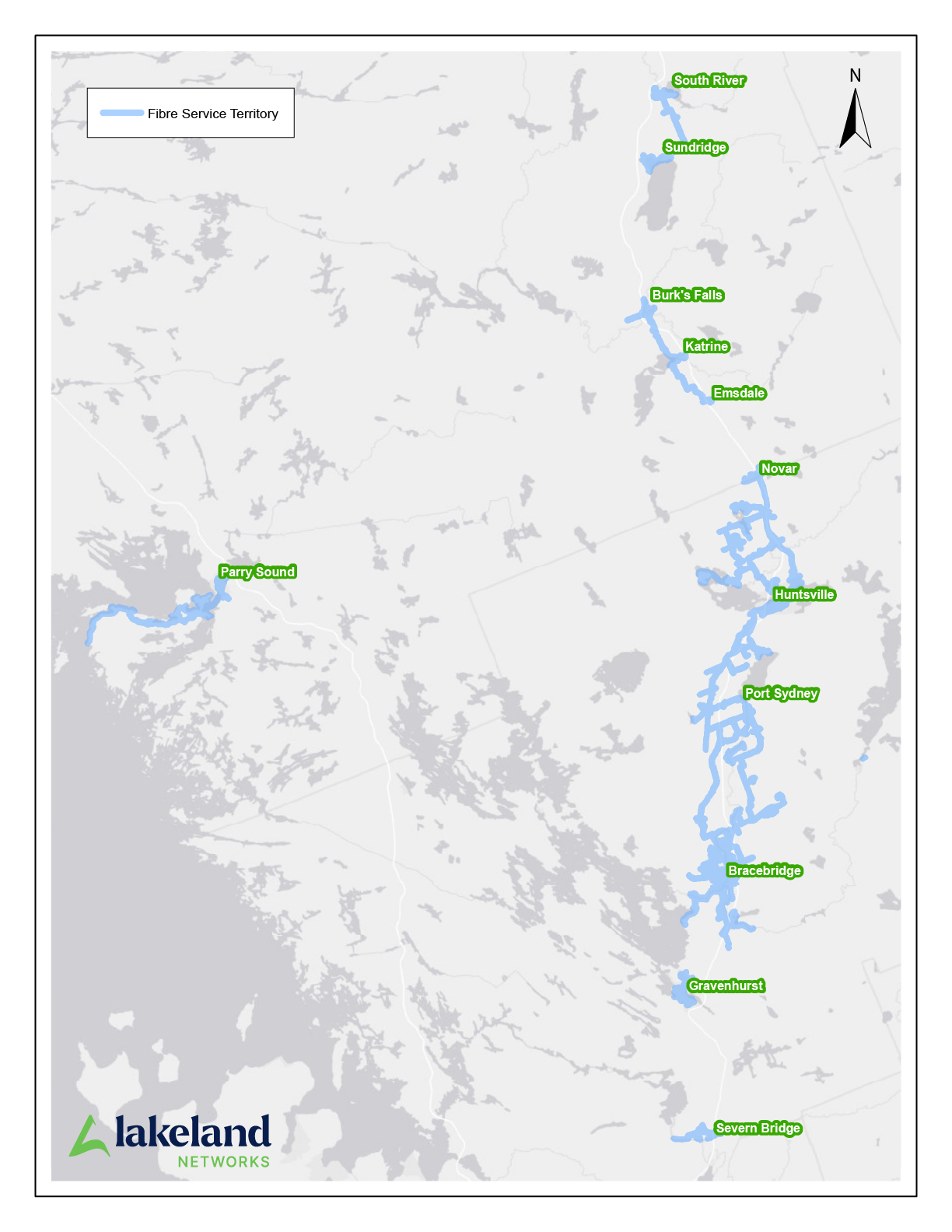 Map showing Lakeland Networks' fibre internet service area in Muskoka, Parry Sound and Almaguin.